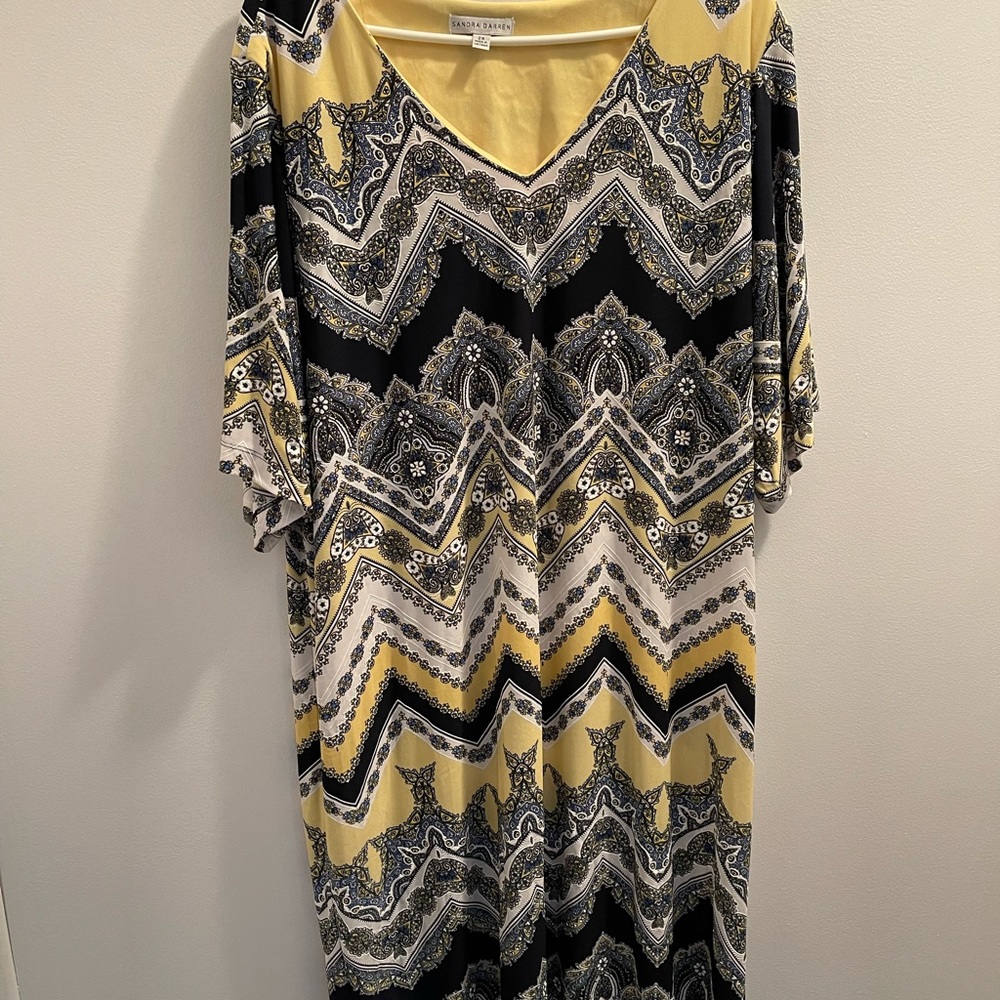 Sandra Darren Yellow Black Chevron Paisley Midi Dress